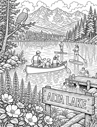 Detailed colouring page of Alta Lake Summer Paddle featuring Alta Lake sign