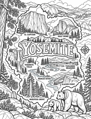 Illustrated travel map of Yosemite landmarks and attractions