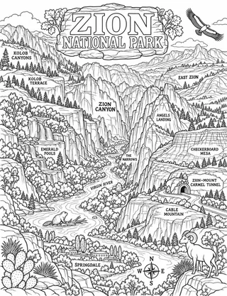 Illustrated travel map of Zion landmarks and attractions