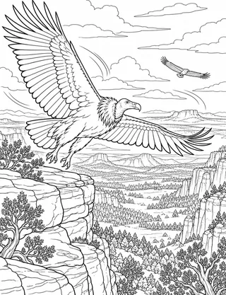 Detailed coloring page of California Condor over Kolob Terrace